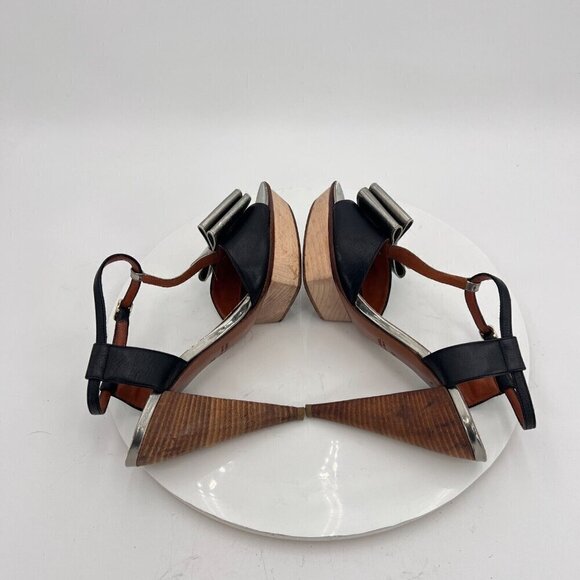 Lanvin Women Size EU 37 US 7 Black Silver Bow T Strap Platform Cone Heel Sandal - Picture 8 of 15